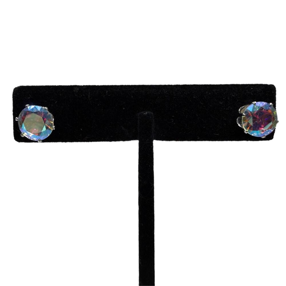 Mystic Iridescent Rainbow Aura Quartz Stud Earrings Silver Tone Jewelry 8mm